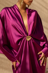 Tina | Pink Satin Plunge-Neck Embellished Maxi Dress