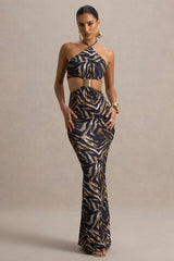 Olina | Zebra Print Halter-Neck Cut-Out Maxi Dress