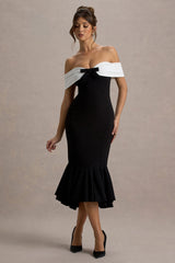 Corola | Black & White Bardot Volume-Hem Midi Dress