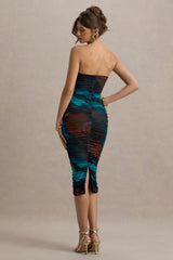 My Girl | Blue Print Strapless Bodycon Ruched Mesh Midi Dress