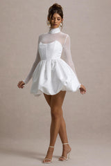 Tinkerbell | White Satin Long-Sleeve Puffball Mini Dress