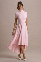 Bellona | Pink High-Neck High-Low Midi Dress