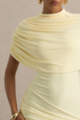 Farrah | Pale Lemon High-Neck Draped Mini Dress With Sash