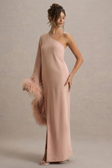 Armina | Blush Pink One-Shoulder Feather-Trim Maxi Dress