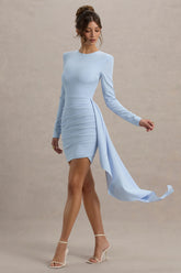 Zaya | Powder Blue Long Sleeve Mini Dress With Drape