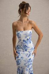 Callie | Blue Porcelain Print Bandeau Fishtail Maxi Dress