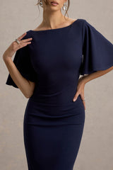 Ashling | Navy Flutter-Sleeve Hanky-Hem Midi Dress