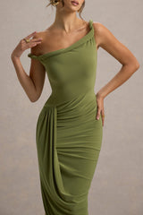 Angelique | Olive Green Twisted Asymmetric Maxi Dress
