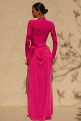 Caprice | Hot Pink High-Neck Maxi Dress With Embellished Details