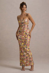 Vitora | Pastel Floral Print Sequin Square-Neck Maxi Dress