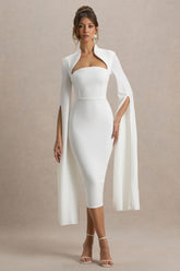Linden | White Bodycon Cape-Sleeve Midi Dress