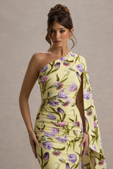 Clementina | Tulip Floral Print Asymmetric Cape Sleeve Maxi Dress