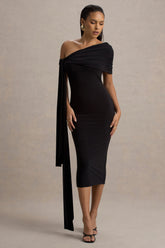Vallea | Black One-Shoulder Draped Midi Dress