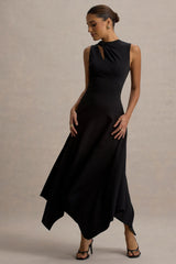Francesca | Black Knotted Midi Dress With Handkerchief Hem