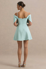 Faria | Light Blue Short-Sleeve Bardot Mini Dress With Bow Detail