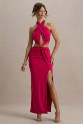 Aura | Hot Pink Halter-Neck Cut-Out Split Maxi Dress
