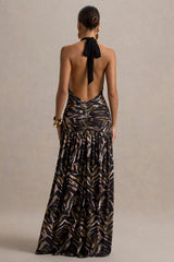 Ferreira | Zebra Print Plunge-Neck Maxi Dress