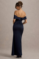 Martine | Navy Satin Bardot Wrap Maxi Dress