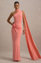 Rita | Coral Asymmetric Wrap Maxi Dress With Scarf