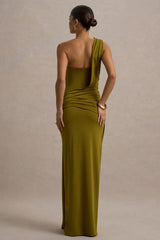 Erminia | Olive Green One-Shoulder Twist Wrap Maxi Dress