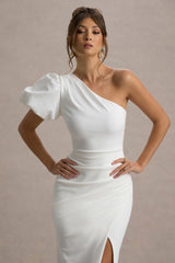 Vittoria | White Asymmetric Puff-Sleeve Split Maxi Dress