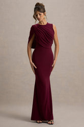 Rae | Burgundy Maxi Dress With One-Sleeve Cape