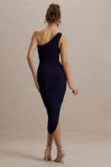 Dorit | Navy One Shoulder Asymmetric Ruched Midi Dress
