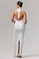 Maude | White Plunge-Neck Ruched Maxi Dress With Sash