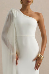 Athens | White Asymmetric-Neck Maxi Dress With Cape Sleeve Detail