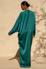 Tina | Dark Green Satin Plunge-Neck Embellished Maxi Dress