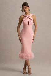 Titania | Pink Twist-Neck Feather Hem Midi Dress