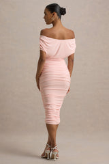 Rayleigh | Pink Bardot Ruched Midi Dress