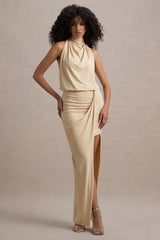 Hayden | Sand High-Neck Draped Split Maxi Dress