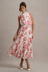 Nila | Pink Porcelain Print Cowl-Neck Midi Dress With Plisse Skirt