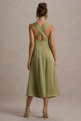 Beck | Light Green Satin Plunge-Neck Cross-Back Midi Dress