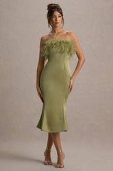 One And Only | Light Green Satin Feather Trim Bandeau Midi Dress