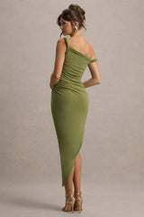 Angelique | Olive Green Twisted Asymmetric Maxi Dress
