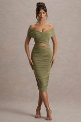 Clovette | Olive Ruched Bardot Cut-Out Midi Dress