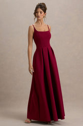 Bambina | Burgundy Scoop-Neck Pleated Maxi Dress