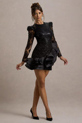 Myka | Black Sequin Long-Sleeve Ruffle Hem Mini Dress