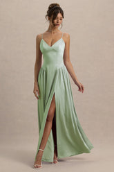 Jonas | Light Green Plunge-Neck Maxi Dress With Cami Straps