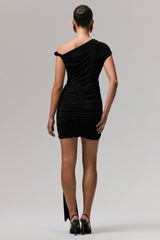 Marci | Black Asymmetric Ruched Mini Dress With Sash