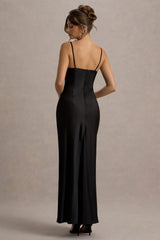 Eimear | Black Satin Draped Sweetheart Maxi Dress