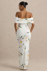 Capri | White Rose Print Bardot-Neck Maxi Dress With Ruched Detailing