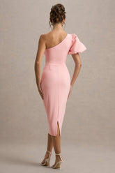 Aimee | Pink Asymmetric Puff-Sleeve Midi Dress