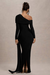 Valina | Black Ruched Asymmetric Maxi Dress With Drape