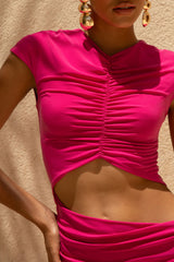 Pia | Hot Pink Short-Sleeve Maxi Dress With Cut-Out