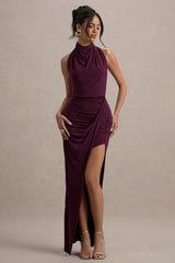 Hayden | Burgundy High-Neck Draped Split Maxi Dress