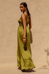 Azalea | Green Square-Neck Maxi Dress With Chest Cut-Out And Pleated Detailing