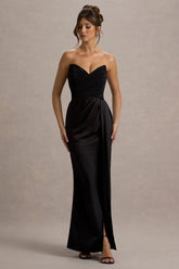 Edel | Black Satin Strapless Maxi Dress With Drape